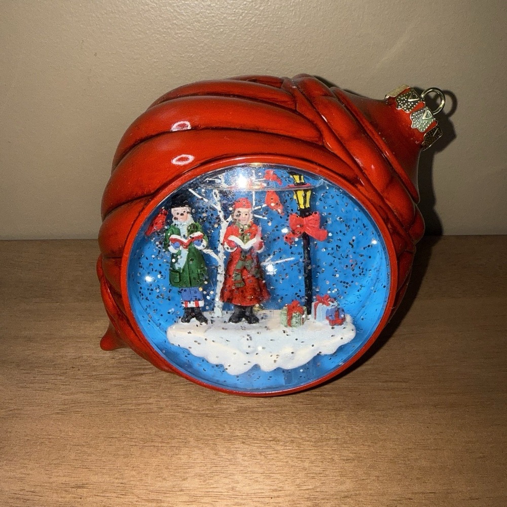 Christmas Carolers Snow Globe Large Red Swirl Ornament Musical Tabletop Decor